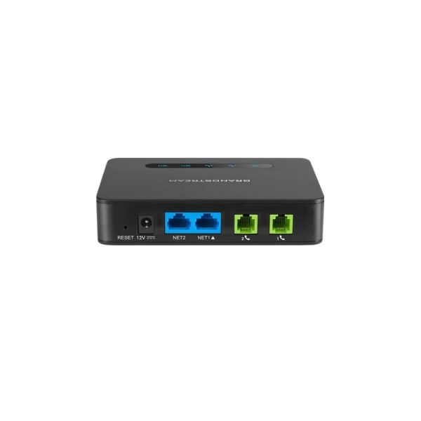 Grandstream HT812 V2 rear panel with two Gigabit Ethernet ports and two FXS phone ports