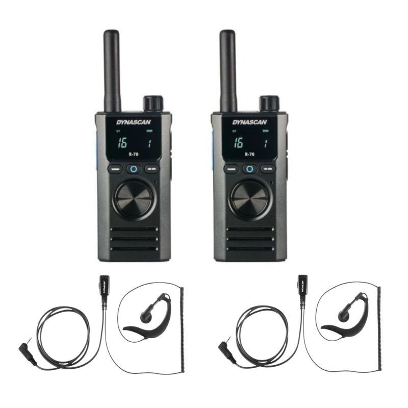 Dynascan R70 Pack: 2 PMR446 Walkie-Talkies + 2 BR1708 Ear-Hook Headsets