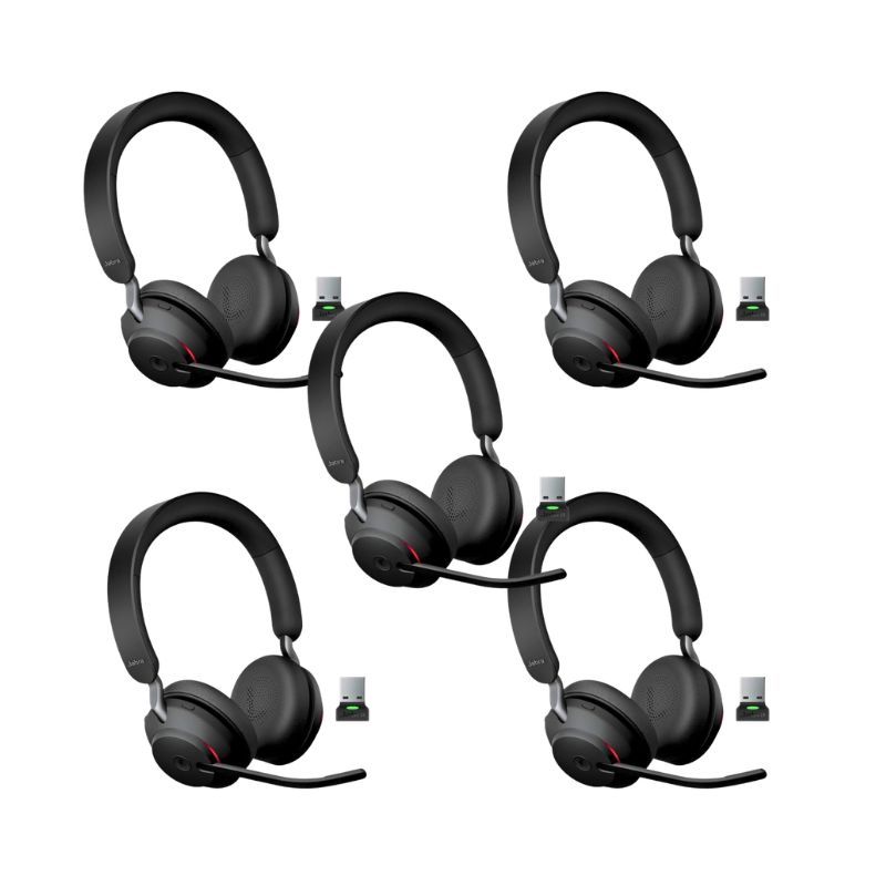 Pack of 5 Jabra Evolve2 65 USB-A Duo MS wireless headsets