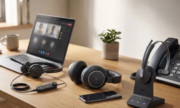 A professional headset for use with a computer and a desk phone