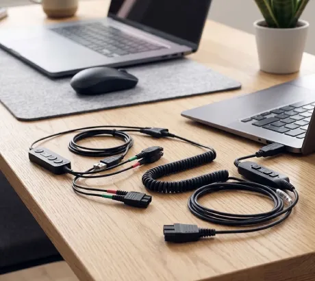 Cables and adaptors for connecting headphones to a business mobile phone
